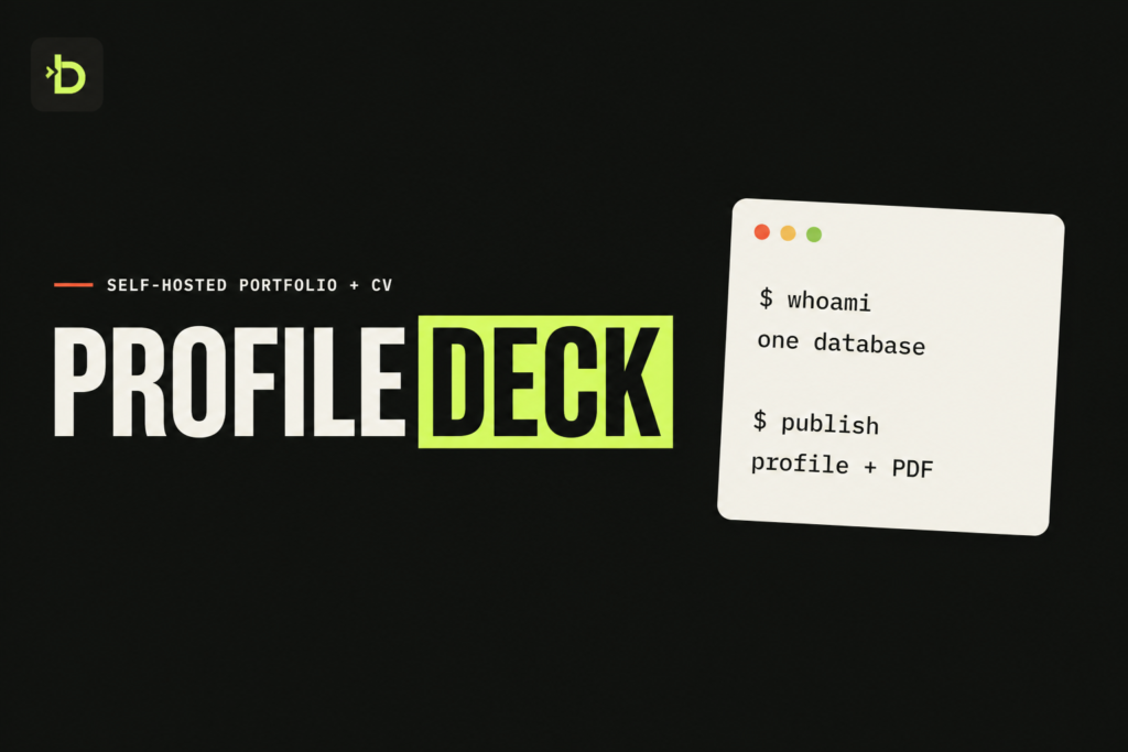 Editorial wordmark for ProfileDeck a lime highlight on DECK beside a terminal card that reads whoami one database